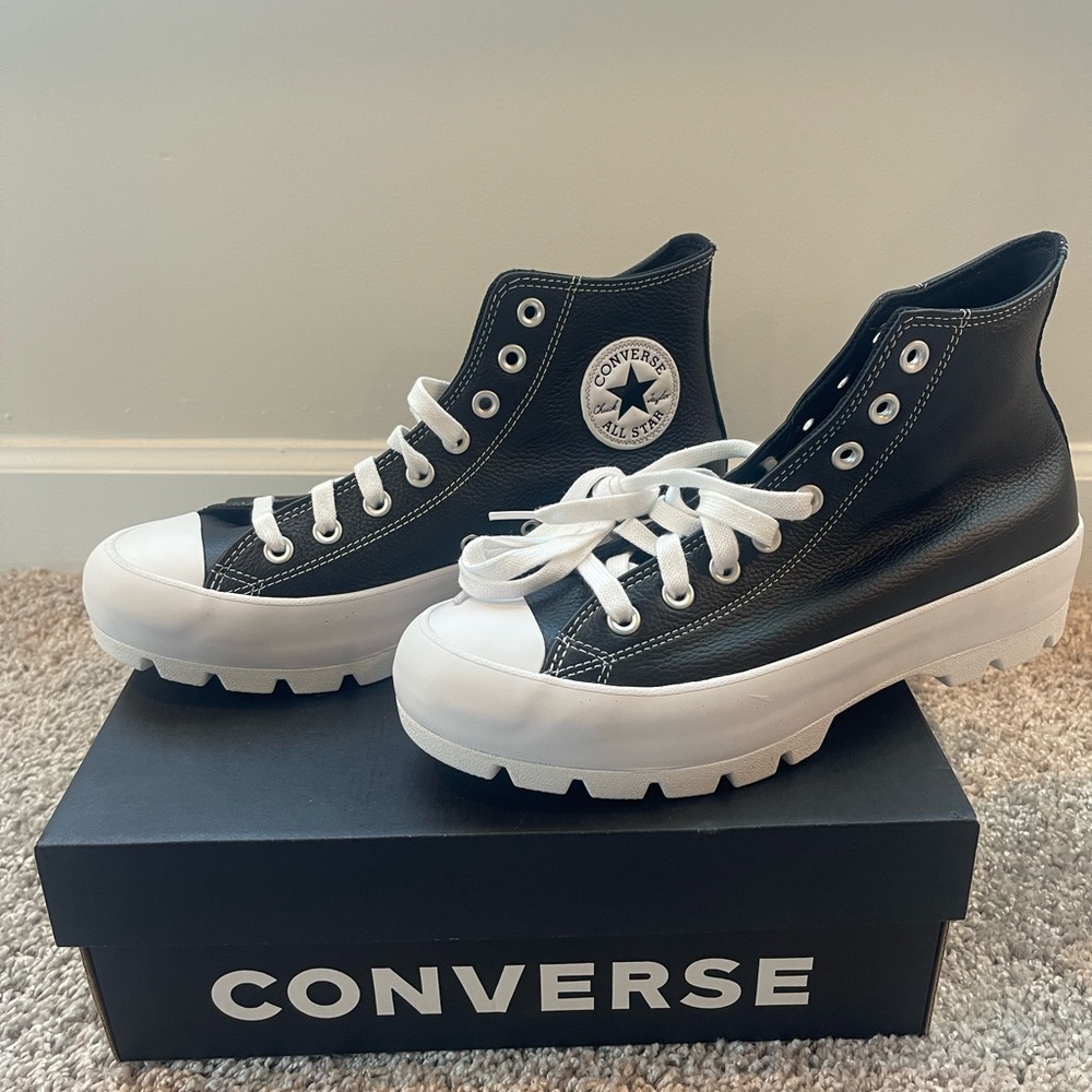 Converse Black Leather Lugged Hightops Brand New, in box